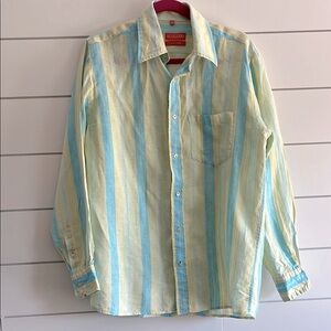 Scullers Linen Blue and Yellow Striped Casual Button Down Shirt